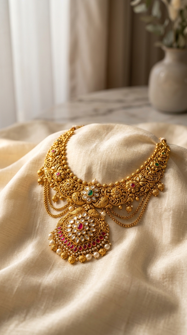 CGV Jewellers temple Lakshmi gold necklace with ruby and emerald details
